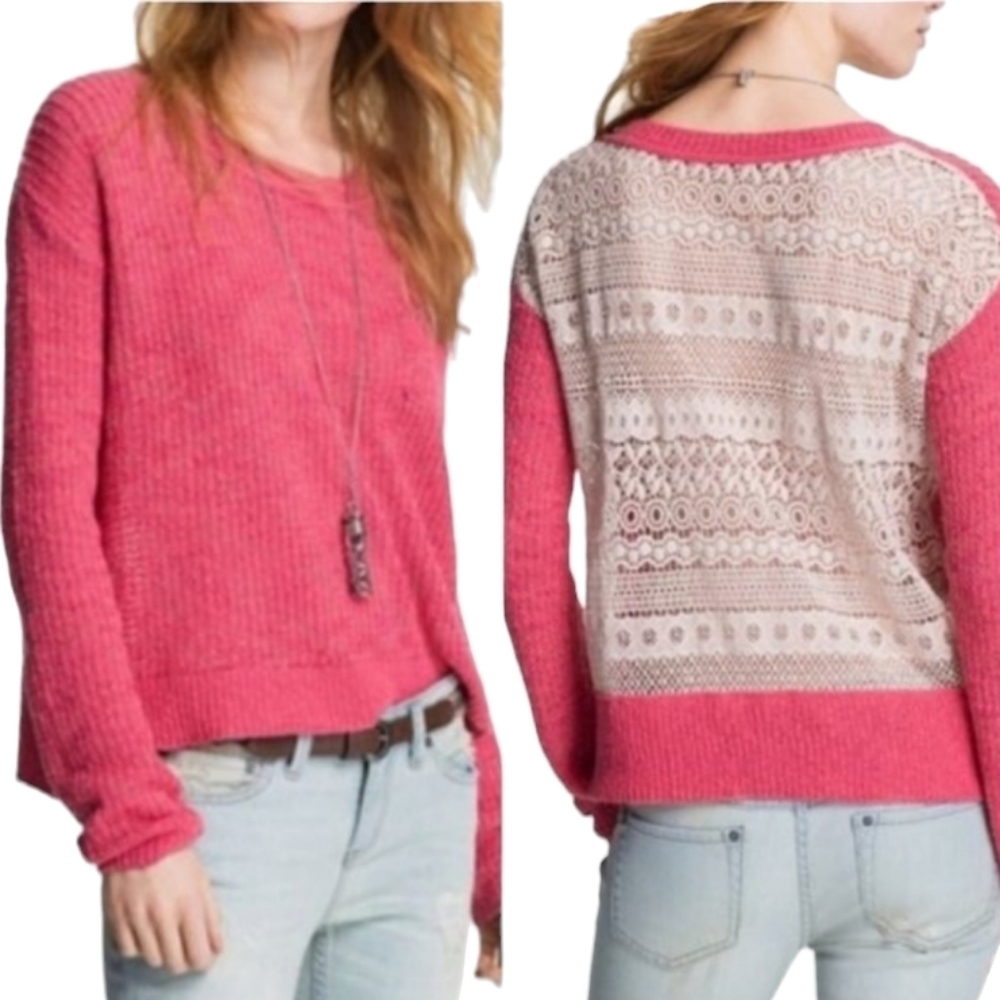 FREE PEOPLE Sweet Jane Crochet Knit Back Sweater Boho Festival Cottagecore